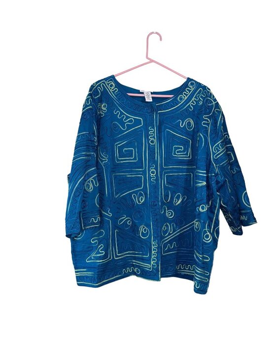 Catherines Tops - Catherines Womens 3X Blue Embroidered Cotton Blend Jacket Top With Abstract Desi